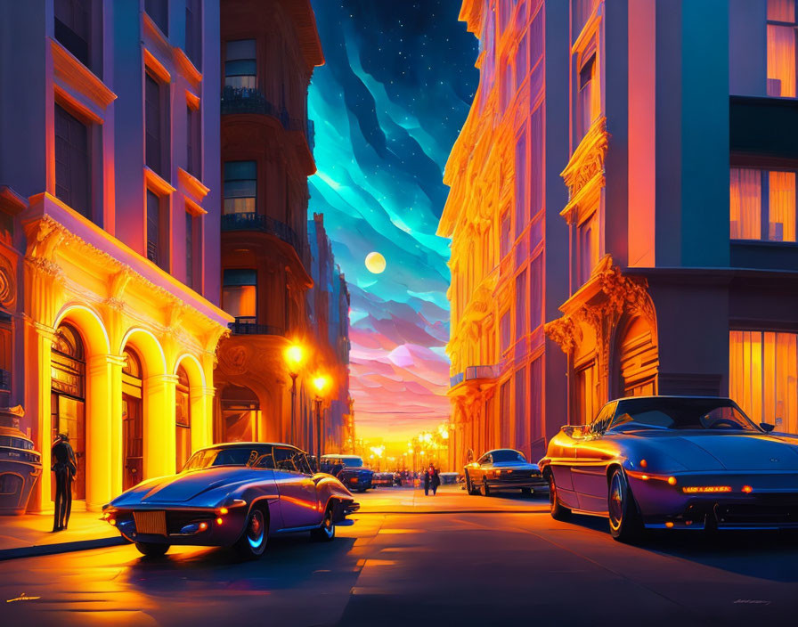 City street at dusk: classic cars, illuminated buildings, starry sky, bright moon