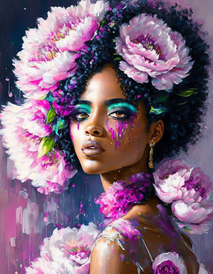 Colorful portrait of woman with pink flowers in hair and floral dress