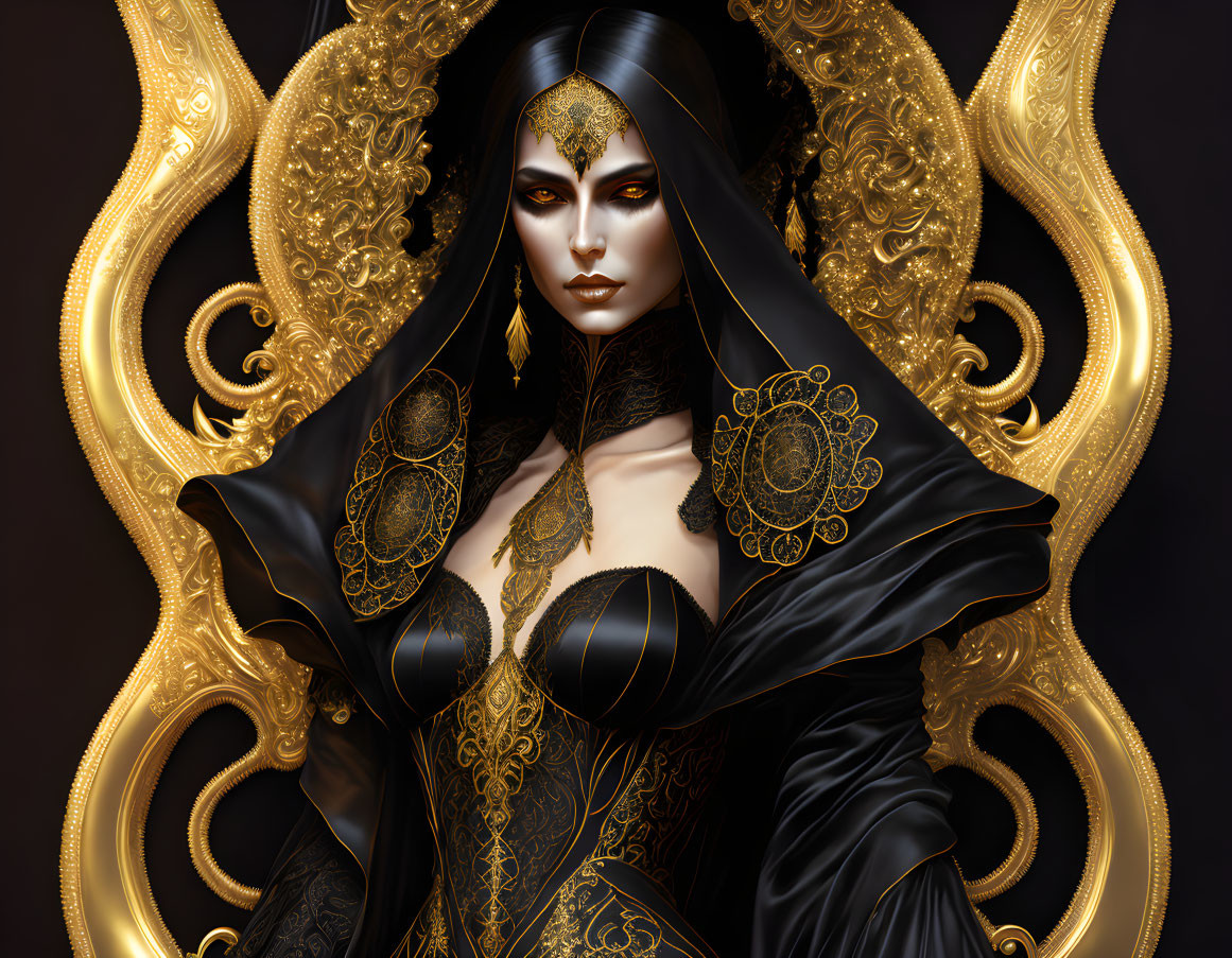 Regal Figure in Gold and Black Headdress and Outfit