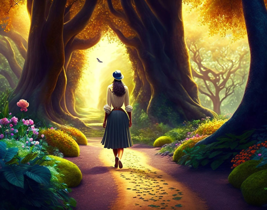 Person in Vintage Attire Walking Through Forest Path to Sunlit Clearing