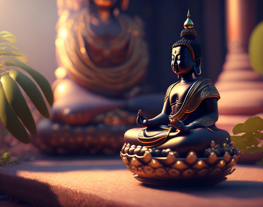 Ornate meditating Buddha statue against warm backdrop