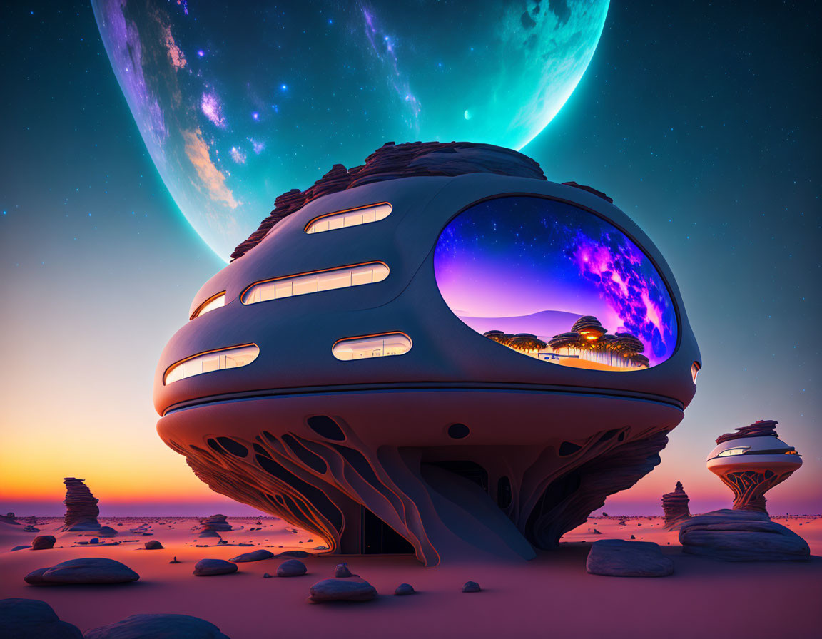 Futuristic organic building on alien planet at dusk