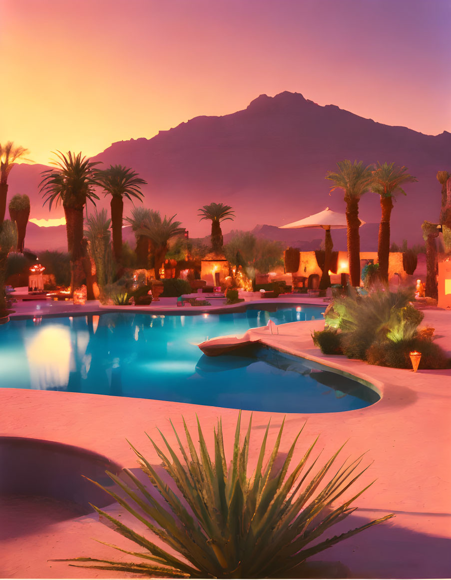 Tranquil pool oasis with palm trees and mountains at sunset