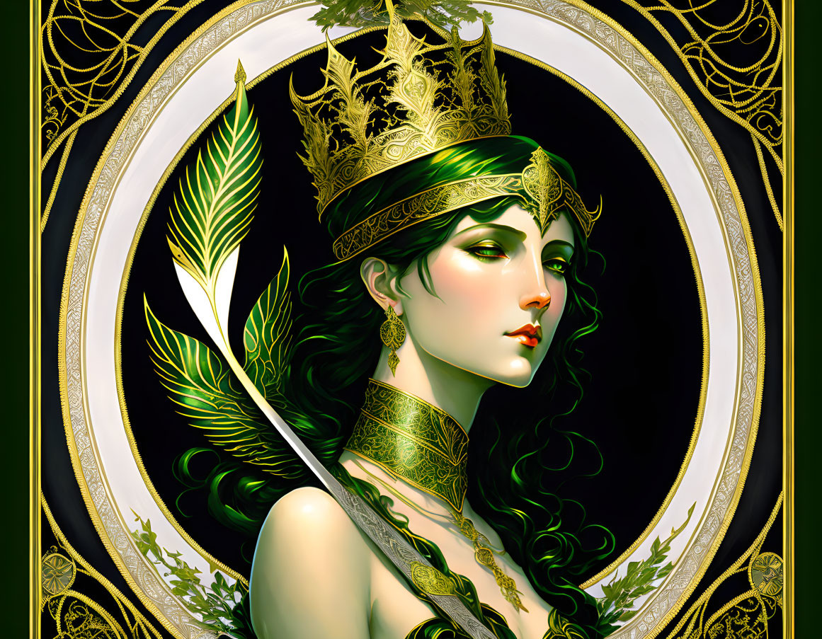 Illustrated portrait of regal woman with green skin, golden crown, and intricate jewelry framed by orn