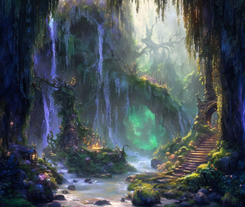 Lush Greenery and Glowing Lights in Enchanted Forest