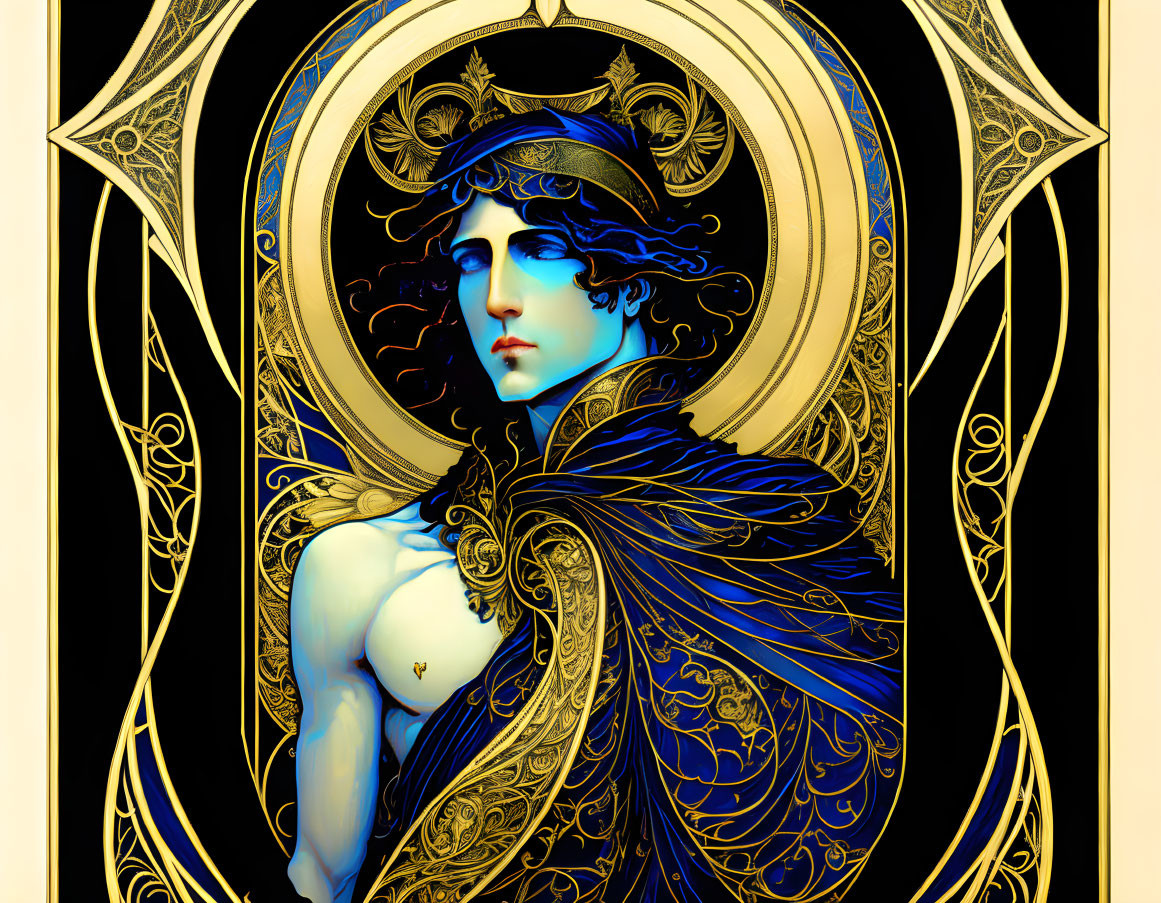 Art Nouveau style illustration of a figure with flowing blue hair and drapery against a decorative golden