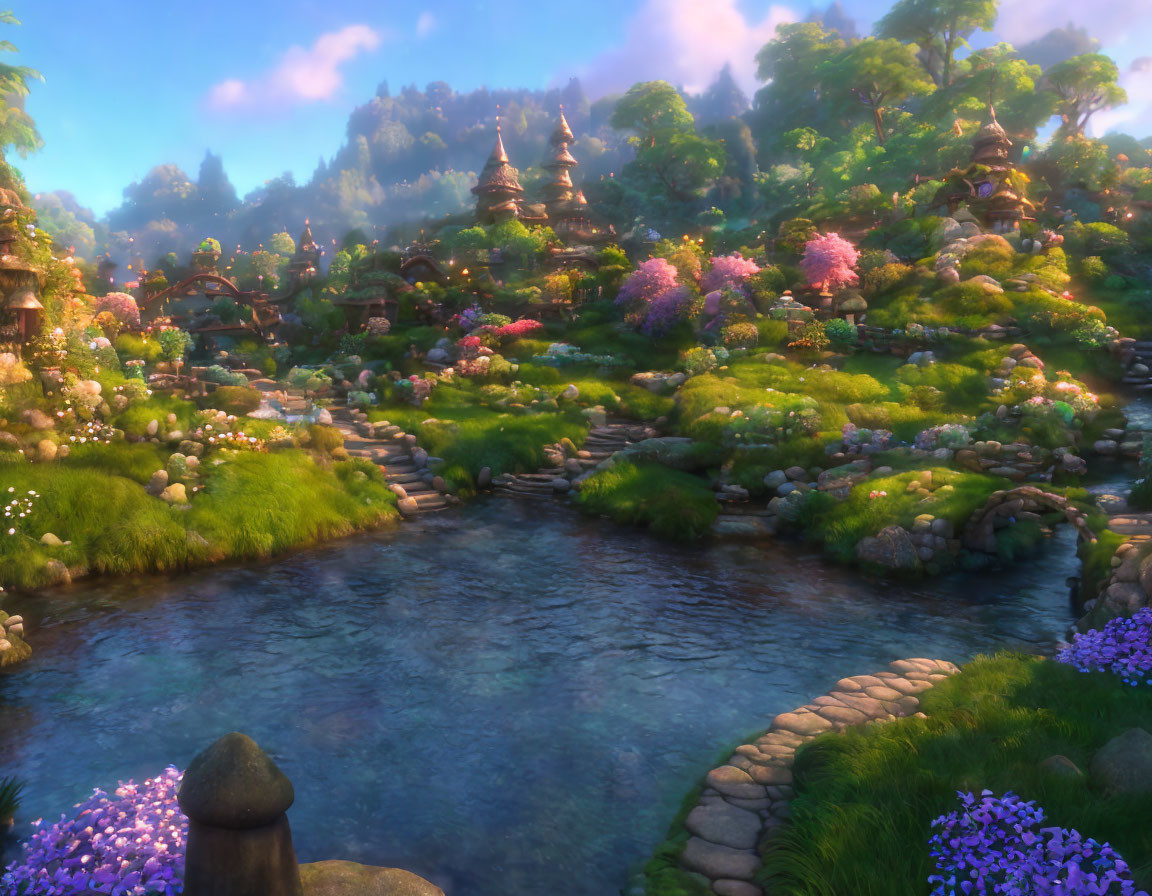 Fantasy landscape with gardens, stream, and pagoda-style structures in soft glowing light