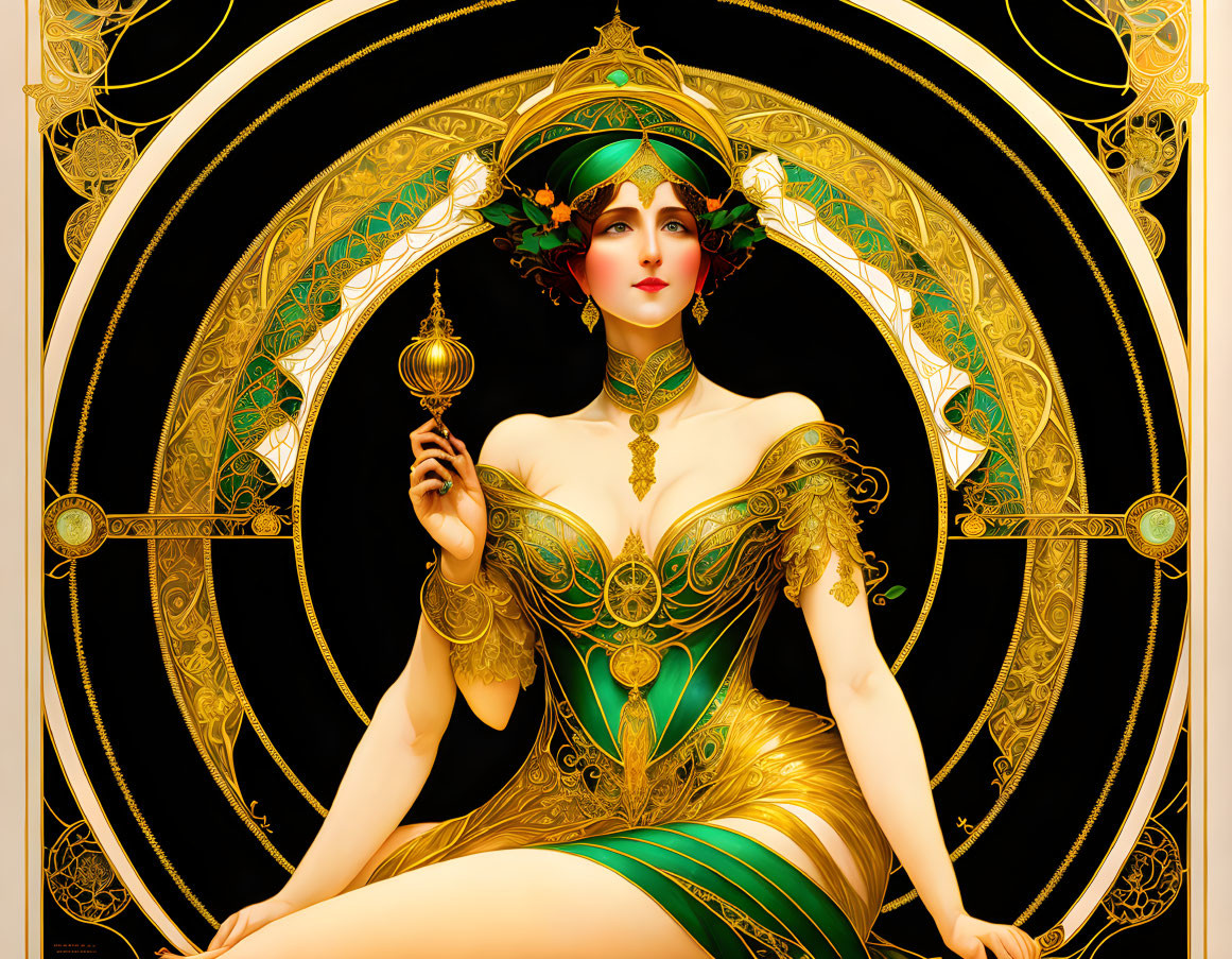 Art Nouveau-style illustration of woman in green and gold dress with red hair holding scepter