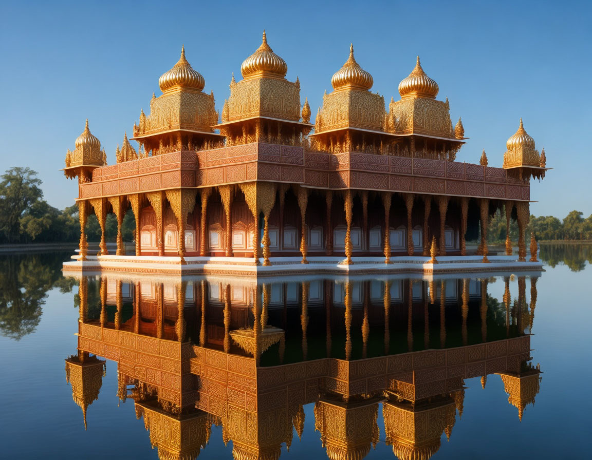 Golden-brown temple with domes reflected in calm water against blue sky