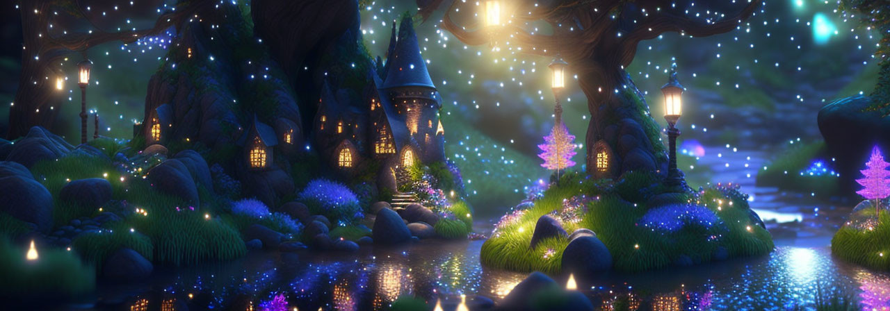 Enchanted nighttime forest scene with magical lights, treehouses, and starry pond.