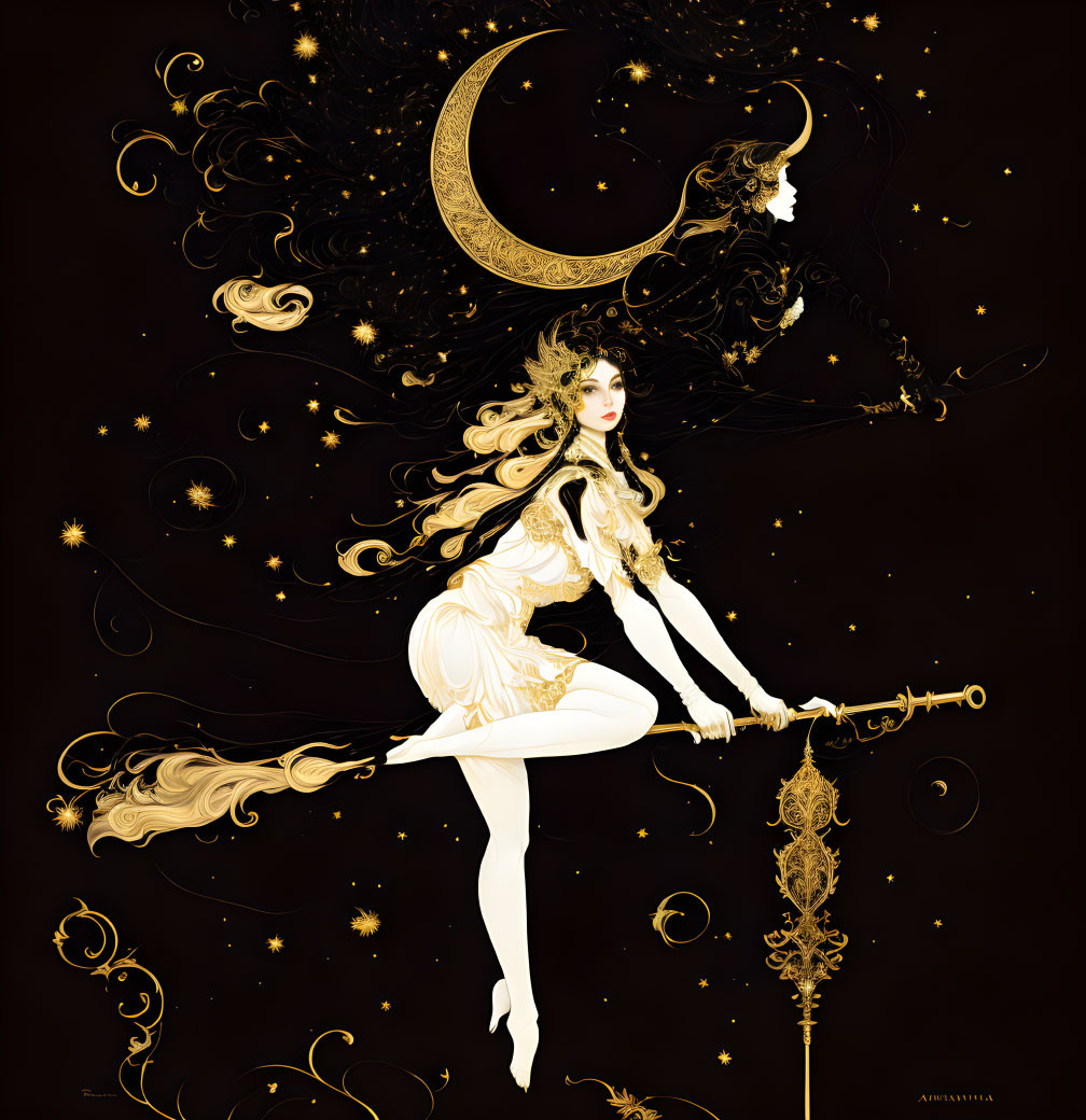 Illustrated female figure with long hair on crescent moon holding staff