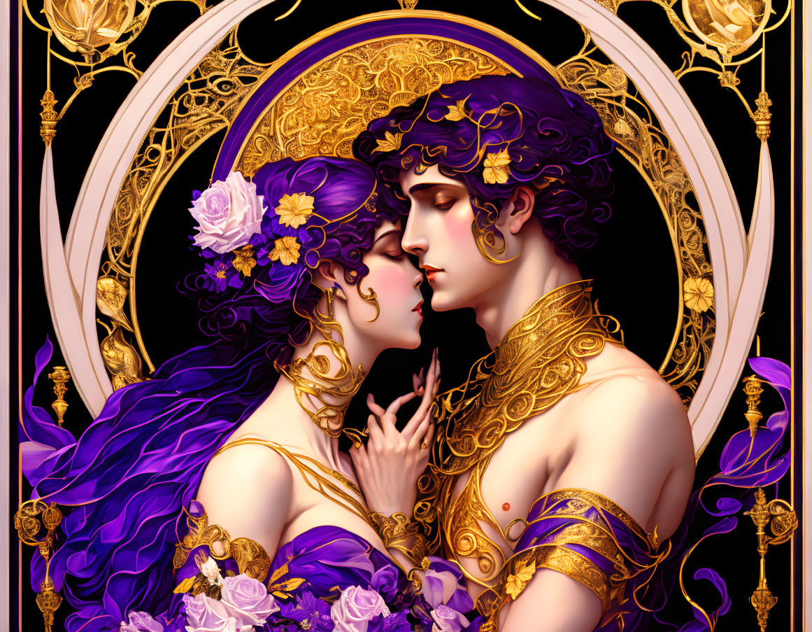 Romantic couple embraced in ornate Art Nouveau borders.