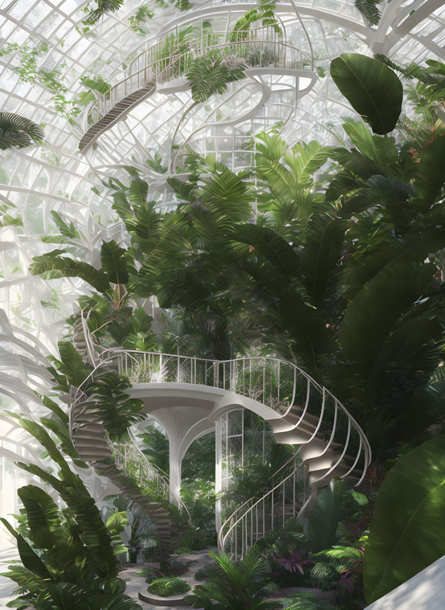 Lush Greenery and Spiral Staircases in Glass Greenhouse