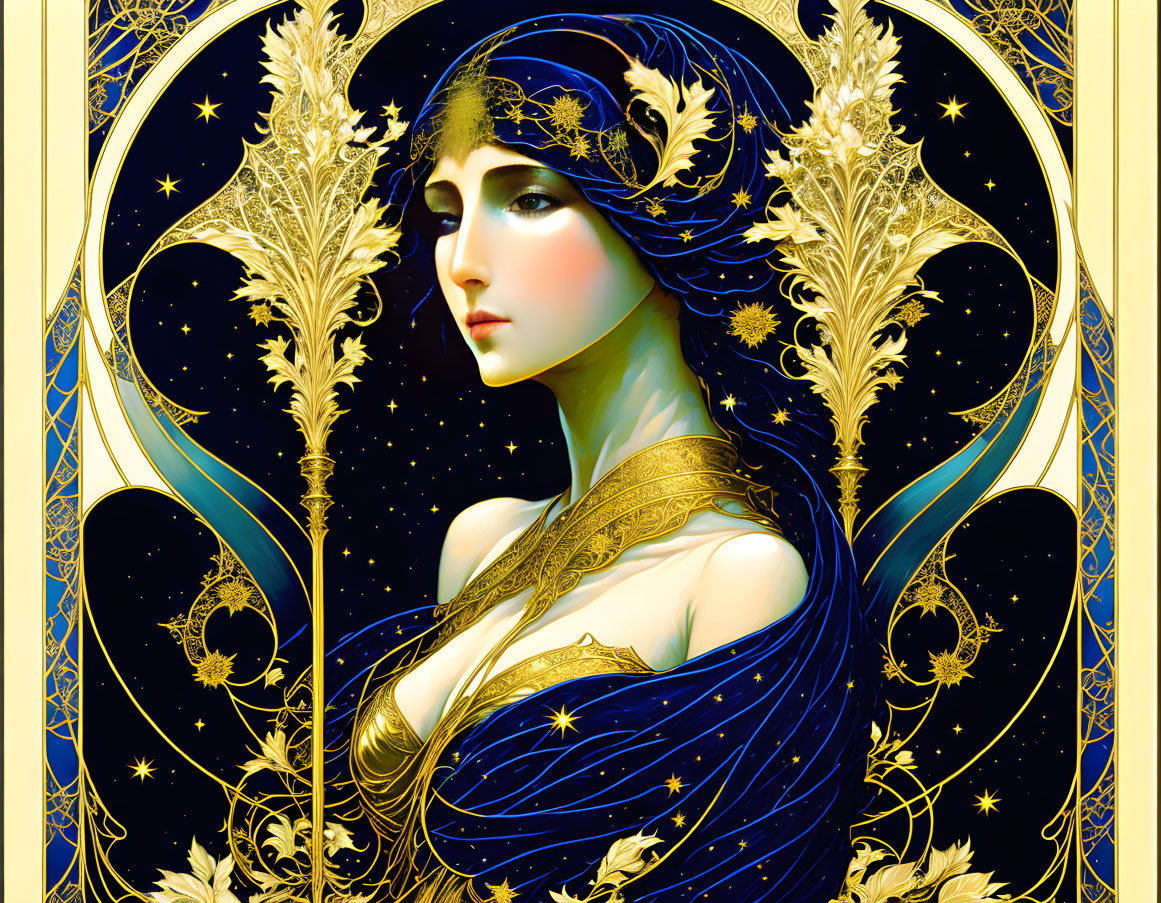 Art Nouveau Woman Illustration with Stars and Floral Patterns