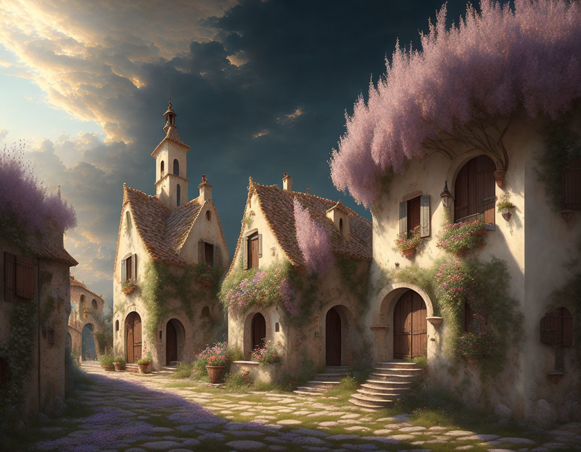 Quaint village with cobblestone paths and purple blossoms under dramatic sky