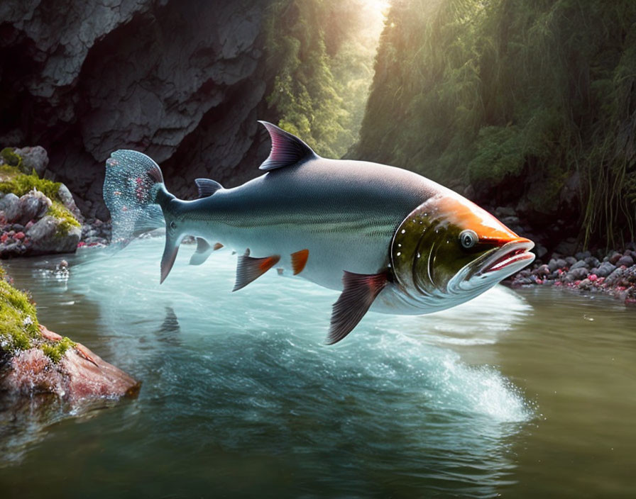 Large fish leaping from river with green banks and cave rocks.