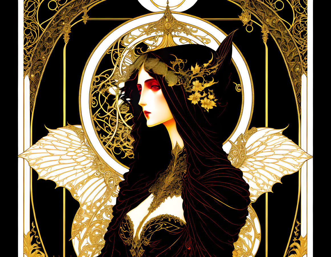 Illustrated female figure with elfin ears and wings in art nouveau style backdrop