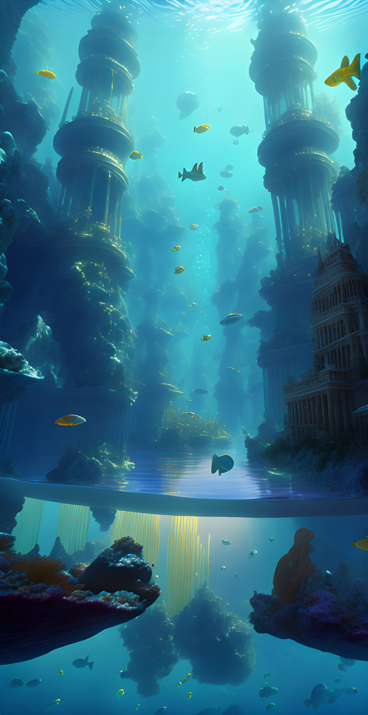 Submerged cityscape surrounded by coral formations and tropical fish in blue-green light