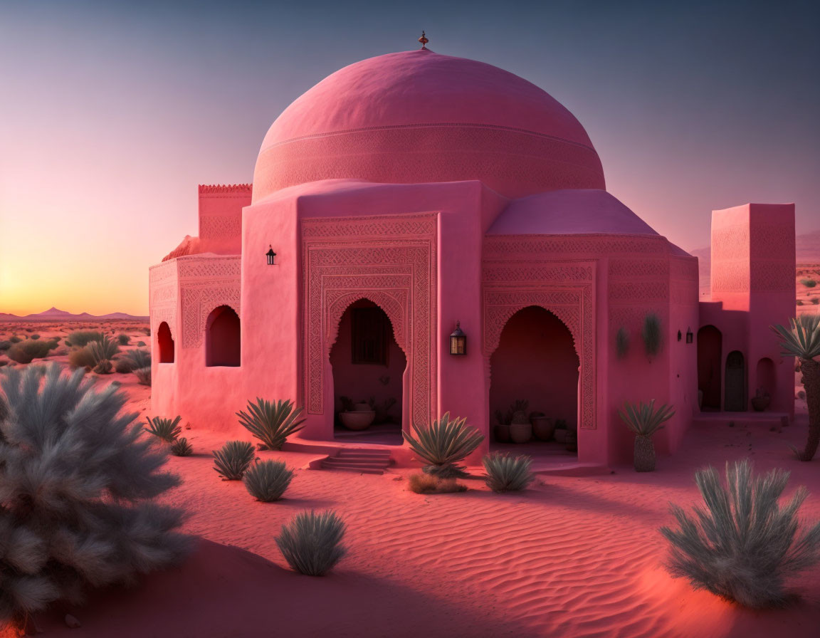 Pink domed building in desert sunset scene