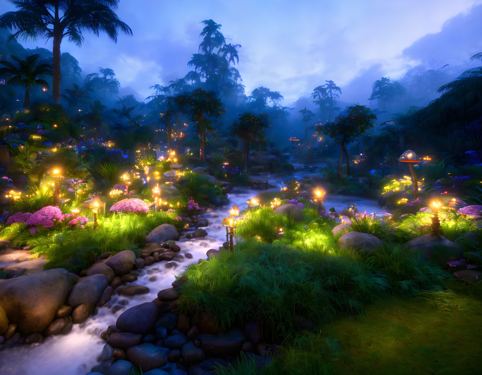 Twilight scene of lush forest with glowing flowers and lanterns