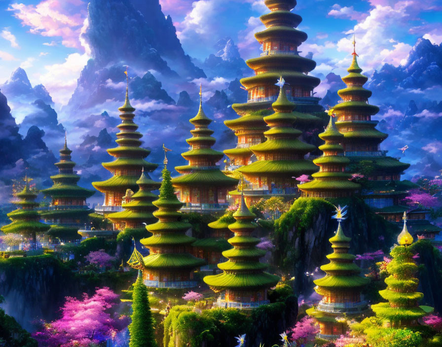 Fantastical landscape with towering pagodas, lush vegetation, misty mountains, and flying birds