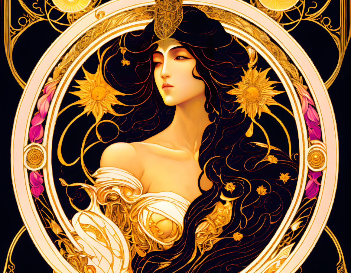 Illustration of Woman with Dark Hair and Gold Headdress in Ornate Circular Frame