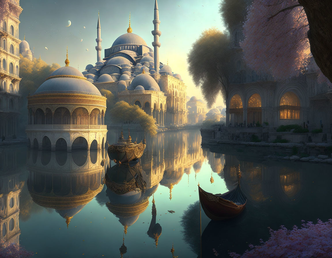 Ornate domed cityscape with arches reflected in calm waters