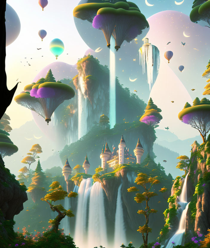 Fantastical landscape with floating islands, waterfalls, castle, vibrant trees, and hot air balloons