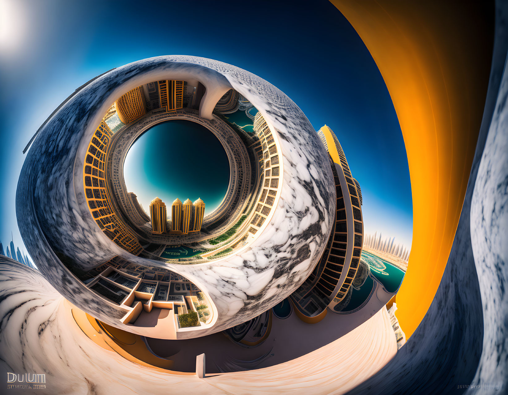 Circular fisheye cityscape with distorted skyscrapers against blue sky