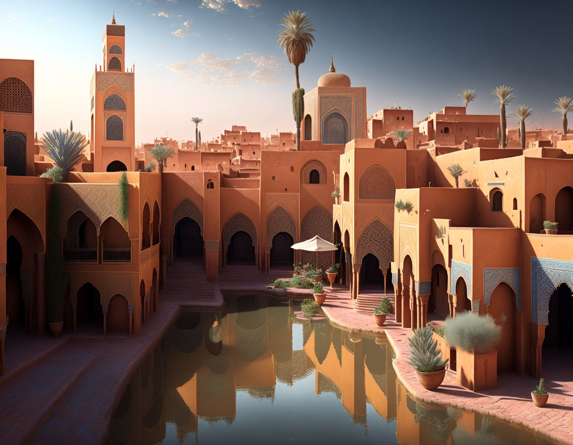 Traditional Moroccan townscape: terracotta buildings, ornate arches, palm trees, water canal