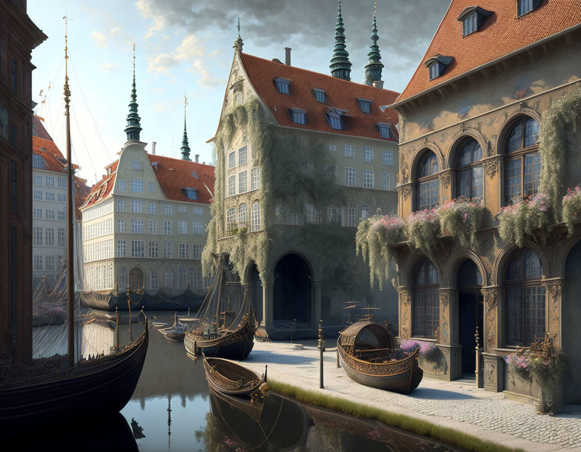 Ornate European cityscape along calm canal with flower baskets and wooden boats