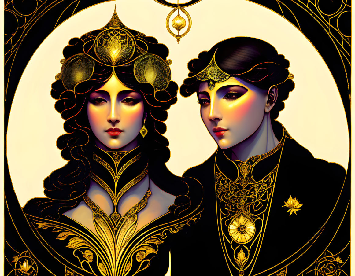 Golden art nouveau characters with ornate headpieces and jewelry on decorative background