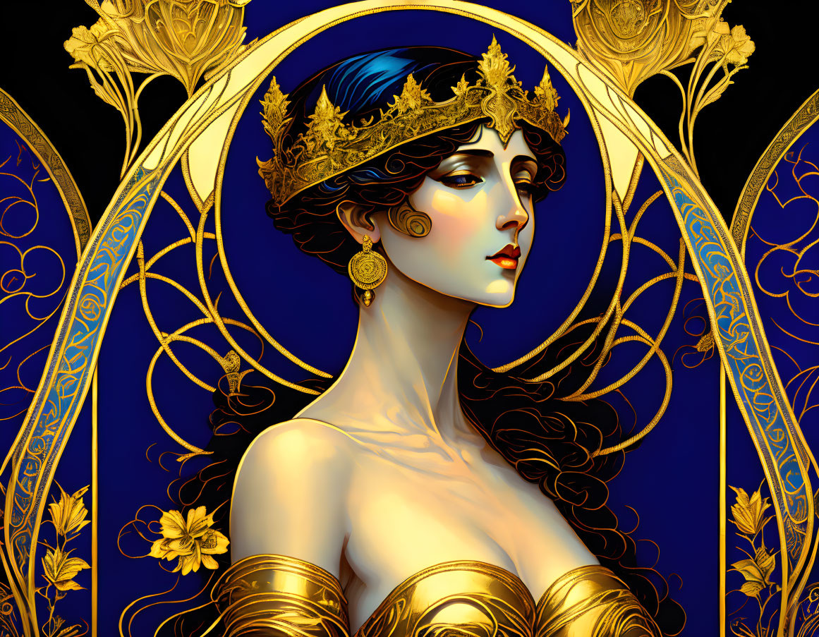 Regal woman with golden crown and jewelry on blue and gold Art Nouveau background