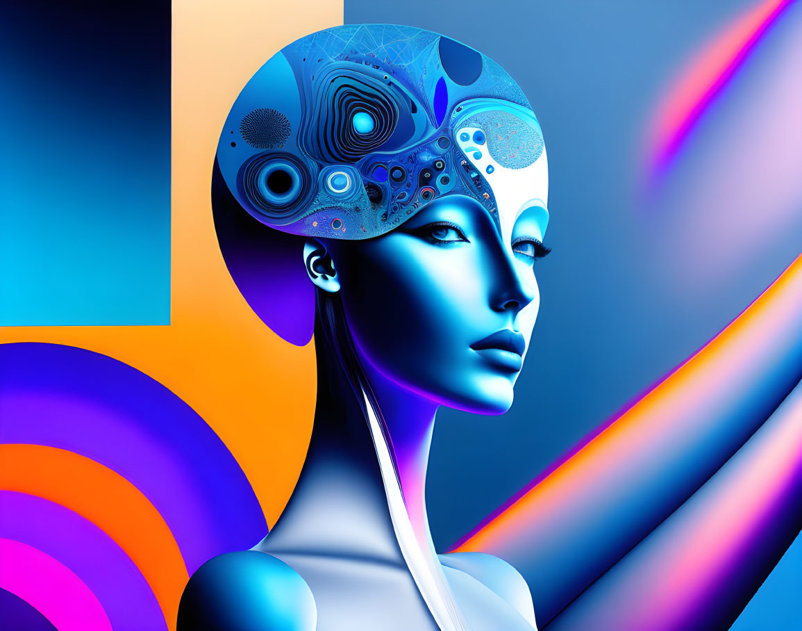 Stylized female figure with futuristic blue and purple color scheme and abstract mechanical patterns in hair