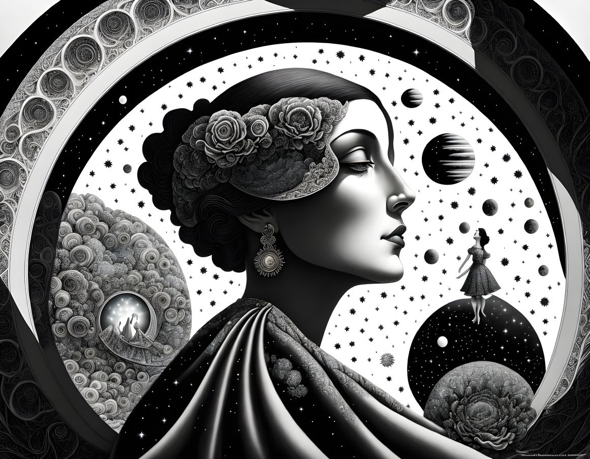 Monochrome woman profile with floral hat, cosmic theme.