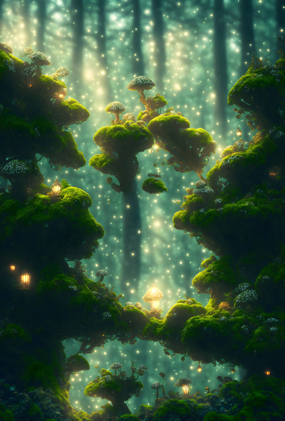 Lush forest scene with glowing mushrooms and sunlight filtering through.