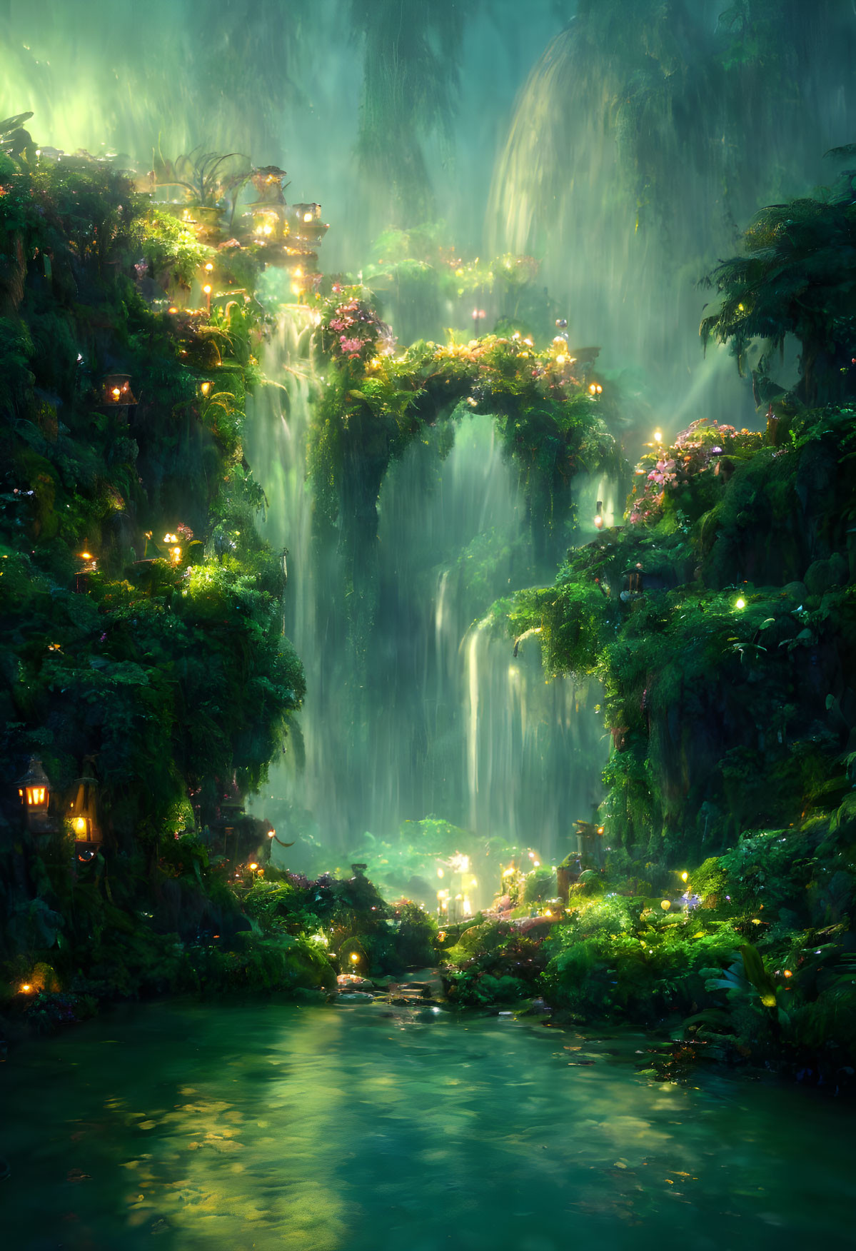 Serene fantasy waterfall with lush greenery and twinkling lights