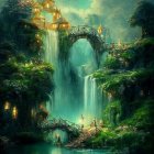 Serene fantasy waterfall with lush greenery and twinkling lights