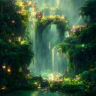 Lush forest scene with glowing mushrooms and sunlight filtering through.