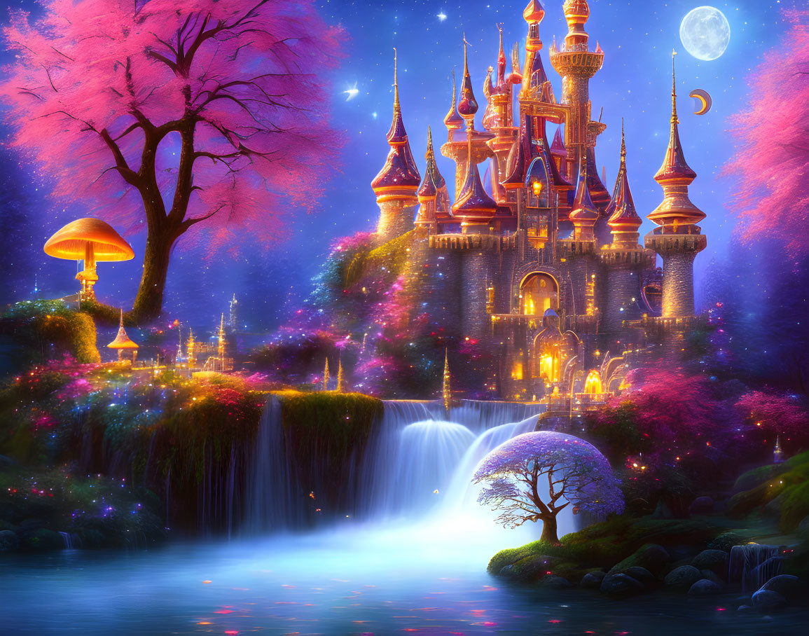 Fantasy castle with illuminated towers, pink trees, waterfalls, glowing mushroom under starry sky.