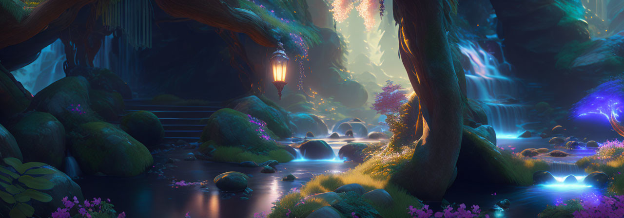 Glowing mushrooms, serene stream, vibrant flora in enchanted forest