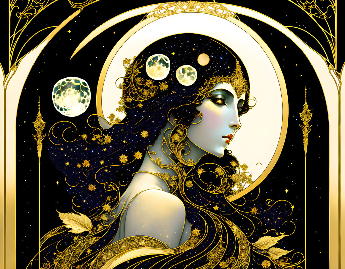 Woman with Stars in Hair on Crescent Moon Background with Golden Art Nouveau Designs