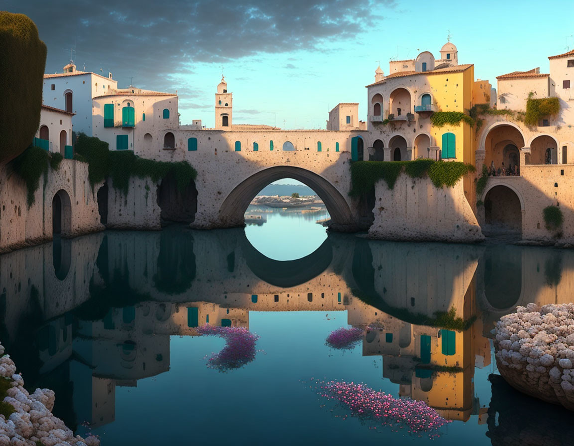 Old bridge and buildings reflected in calm water at twilight with vibrant sky and scattered flowers