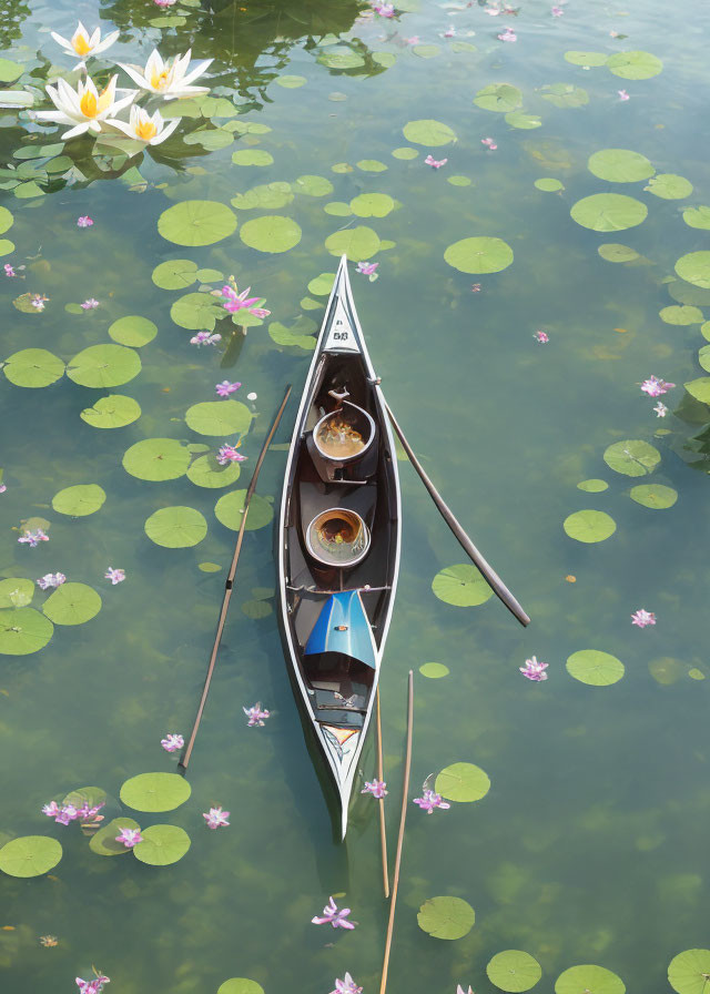 Slender canoe with oars and personal items among water lilies