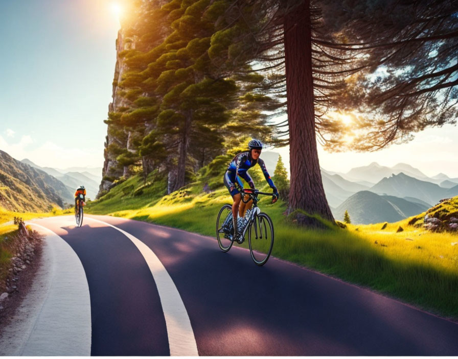 Cyclists on winding mountain road with tall trees and grassy slopes