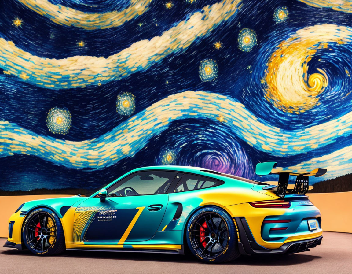 Colorful sports car with racing decals in front of Van Gogh's Starry Night-inspired backdrop