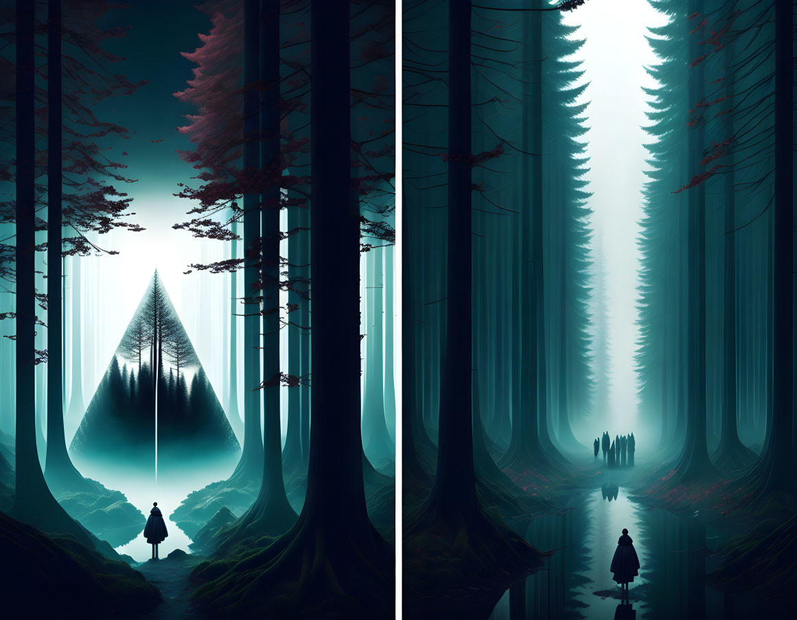 Mystical forest and figure facing mountain in split-image