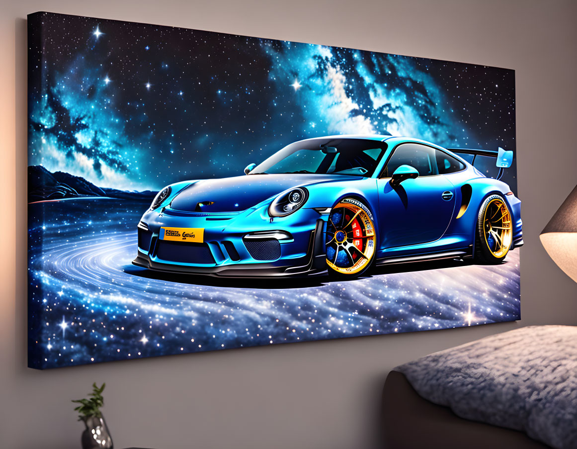 Blue sports car with yellow rims on cosmic background as wall art in modern living room