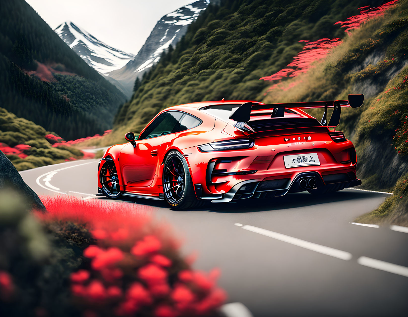 Vibrant red sports car on mountain road with greenery, red flowers, and snow-capped