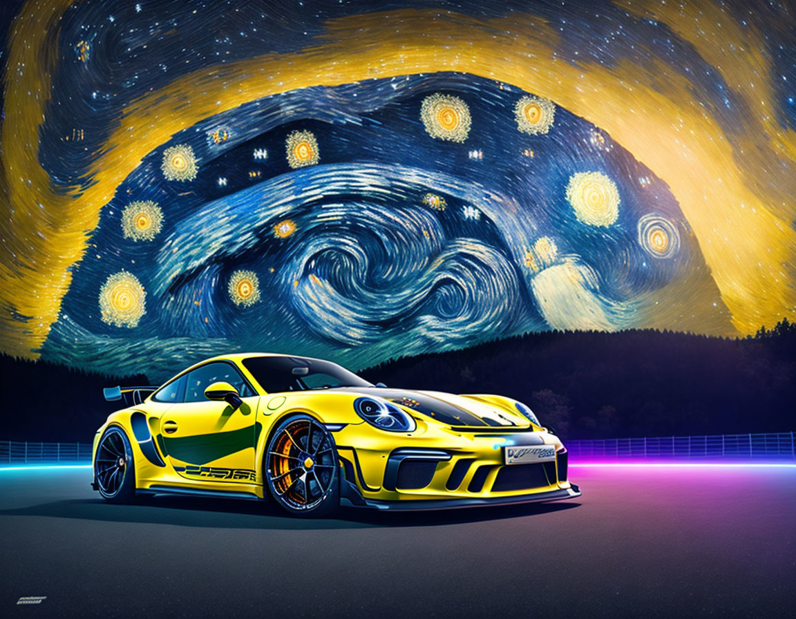 Yellow Porsche 911 GT3 RS under starry night sky with neon lights